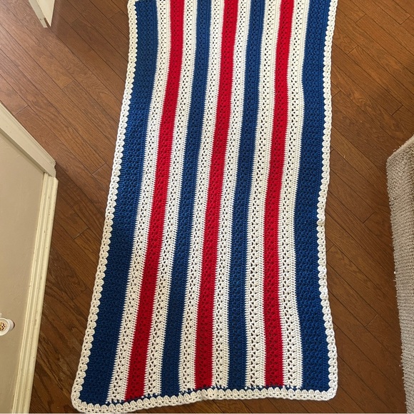 EUC handmade crocheted blanket afghan in red, white and blue. 41x77 inches. - Picture 2 of 7